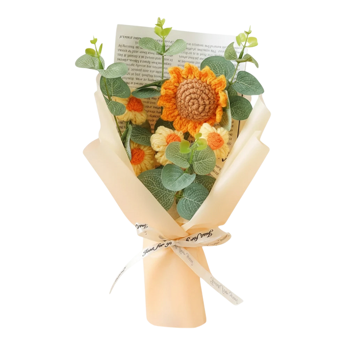 MieleGifts handcrafted crochet sunflower and daisy bouquet wrapped in tissue paper with a ribbon bow