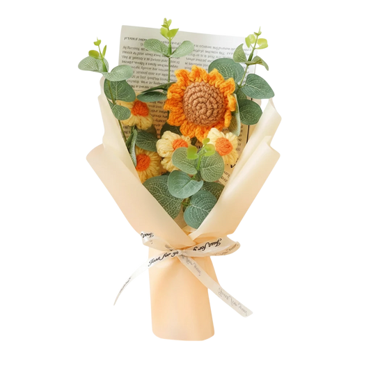 MieleGifts handcrafted crochet sunflower and daisy bouquet wrapped in tissue paper with a ribbon bow
