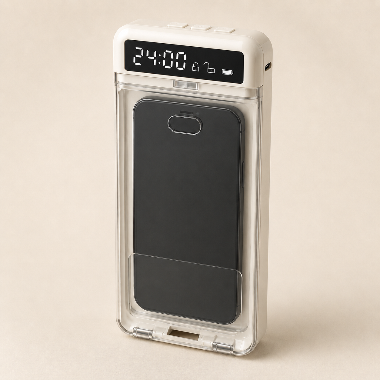 Moonlight White timed phone lockbox with three top buttons, display icons, access openings and USB-C port
