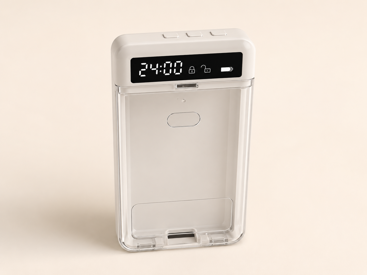 Moonlight White Attention Back lockbox showing its three top controls and timer display