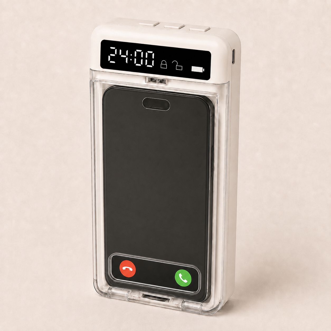 Moonlight White lockbox with a visible incoming-call screen behind the clear lid