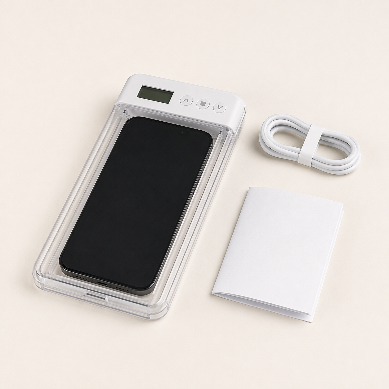 Transparent white timed phone lockbox with included charging cable and instruction leaflet